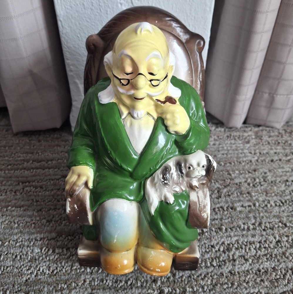 Vintage Lefton Retirement Bank Man Rocking Chair Dog